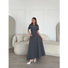 Tiana Kısa Kollu Önden Fermuarlı Çan Etekli Uzun Elbise - Antrasit