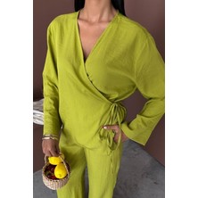 Tiana Kruvaze Model Klasik Pantolonlu Çupra Keten Takım 10191