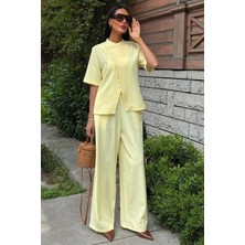 Tiana Hakim Yaka Çapraz Düğmeli Plazzo Pantolon Viscon Keten Takım 10209