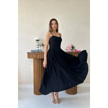 Tiana Siyah Göğüs Kuplu Uzun Büzgülü Elbise