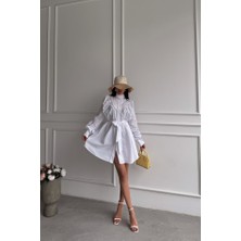 Tiana Önden Düğmeli Poplin Kloş Elbise Bağlama Kemer Detaylı - Beyaz