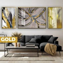 Harikabirev|gri&gold Kanat Soyut Desenli Modeli|çerçeveli Temperli Cam Tablo 3lü Yatay