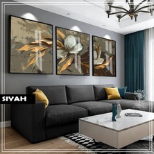 Harikabirev|siyah&gold Set Çiçek Kombini (Artıstıc) |çerçeveli Cam Tablo 3lü Dikey