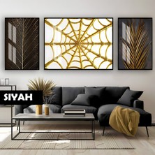 Harikabirev|siyah&gold Set Yaprak-Örümcek Ağı Modeli |çerçeveli Temperli Cam Tablo 3lü Yatay