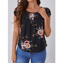 Tiana Kadın Kısa Kollu Bisiklet Yaka Çiçek Baskılı Süprem Bluz