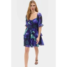 Dokuma Mini Elbise Çiçekli Desen Kısa Kol Astarlı Gipeli Seçkin Malzeme Trend Tasarım