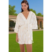 Aksesuarlı V Yaka Mini Elbise Viskoz Dokuma Şal Desenli Yazlık Özel Tasarım Konforlu Kesim