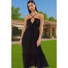 Kadın Bisiklet Yaka Etnik Desenli Pamuk Vual Maxi Elbise Dayanıklı Malzeme Özel Tasarım