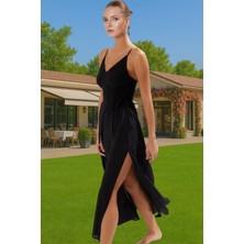 Kolsuz V Yaka Çiçek Desenli Maxi Viskoz Elbise Yazlık Plaj Profesyonel Görünüm Rahat ve Şık