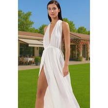 Yazlık Plaj Elbisesi Crinkle Viskoz Maxi Boy Skater Kalıp V Yaka Rahat ve Şık Rahat Kullanım