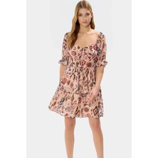 Dokuma Mini Elbise Çiçekli Desen Kısa Kol Astarlı Gipeli Seçkin Malzeme Trend Tasarım