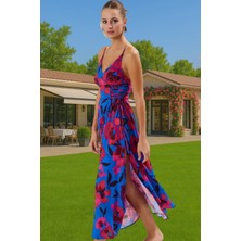 Kolsuz V Yaka Çiçek Desenli Maxi Viskoz Elbise Yazlık Plaj Profesyonel Görünüm Rahat ve Şık