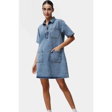 Kadın Denim Gömlek Elbise Kısa Kollu Mini Boy Pamuk Günlük Mükemmel Uyum Konforlu Kesim