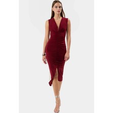 Şık Bodycon V Yaka Örme Midi Elbise Polyester Elastan Kumaştan Gündüz ve Gece Rahat Kullanım