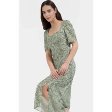 Şık Puantiyeli Midi Elbise Viskoz Kumaş A Line Günlük Seçkin Malzeme Özel Tasarım Uzun Ömürlü