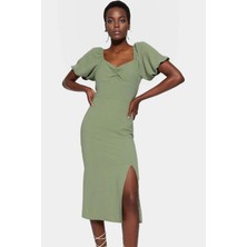 Şık Midi Boy Elbise A Line Kalıp Kısa Kollu Kalp Yaka Dokuma Kumaş Kaliteli Işçilik