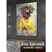 Sim Işlemeli Çiçek Kafalı Kadın Renkli Pırıltılı Simli Dikey Kanvas Tablo