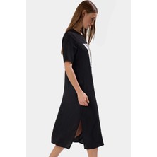 Dokuma Polyester Midi Elbise Bisiklet Yaka Shift Kalıp Düz Desen 115 cm Boy Modern Stil