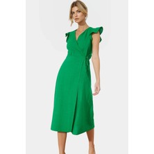 Rahat ve Şık Pamuklu Midi Elbise Kruvaze V Yaka Keten Görünümlü Zarifane Tasarım Konforlu Kesim