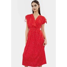 A Line Midi Elbise Yazlık Örme Polyester Beli Lastikli Kruvaze Yüksek Kalite