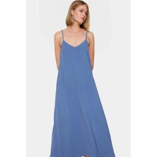 Rahat Yazlık Maxi Elbise Aerobin Dokuma Polyester Shift Kalıp V Yaka Konforlu Kesim