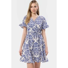 Keten Görünümlü 85% Viskoz Mini Elbise V Yaka Şal Desenli Skater Kalıp Mükemmel Uyum Rahat ve Şık