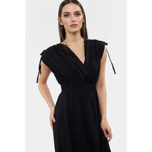 Desenli Midi Elbise Yazlık Rahat Polyester Kruvaze Beli Lastikli Kullanım