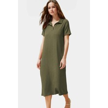 Yazlık Bürümcük Dokulu Midi Elbise Nefes Alan Polyester Kumaş Polo Yaka Kısa Kollu
