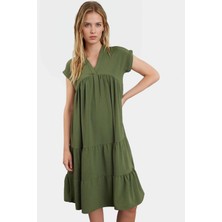 Yazlık Midi Elbise Nefes Alan Aerobin Dokuma V Yaka Geniş Kalıp Rahat Konforlu Kesim