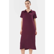 Yazlık Bürümcük Dokulu Midi Elbise Nefes Alan Polyester Kumaş Polo Yaka Kısa Kollu