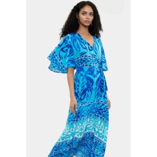 Rahat ve Şık Çok Etnik Desenli Viskoz Midi Elbise Kruvaze Yaka Premium Kalite Görünüm