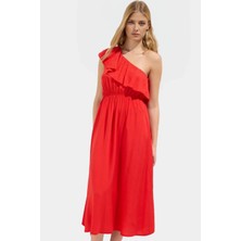 Viskoz Kumaş Midi Elbise Şık Çiçek Desenli Asimetrik Yaka Günlük Stil Modern Premium Kalite