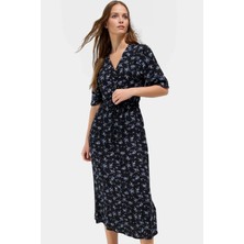 Viskoz Dokuma Midi Elbise Şık A Line Kesim Çiçek Desen Kısa Kol Trend Tasarım Yüksek Kalite