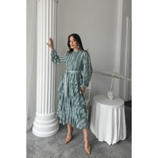 Tiana Mint Uzun Volanlı Elbise