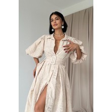 Tiana Bej Pileli Balkon Elbise