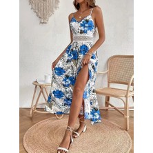 Tiana Kadın Ip Askılı V Yakalı Bel Güpür Çiçek Desenli Yandan Yırtmaçlı Maksi Süprem Elbise