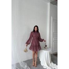 Tiana Şifon Katlı Uzun Kol Elbise - Pudra