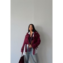 Tiana Süet Crop Ceket Kol 3 Kemer Detaylı - Bordo