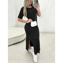 Tiana Kadın Kısa Kollu Bisiklet Yaka Yandan Yırtmaçlı Viskon Elbise