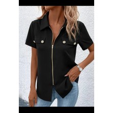 Tiana Kadın Kısa Kollu Ceket Yaka Önü Fermuarlı Cep Detay Kısa Kol Ithal Krep Bluz