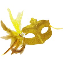 Sim Işlemeli Inci Boncuk Detaylı Tüylü Balo Maskesi Altın Renk 13X18 cm