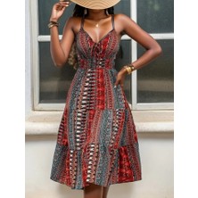 Tiana Kadın Ip Askılı V Yakalı Bağcıklı Beli Lastikli Desenli Süprem Elbise