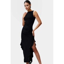 Yazlık Fırfır Detaylı Maxi Elbise Nefes Alan Örme Kumaş Kayık Yaka Mükemmel Uyum