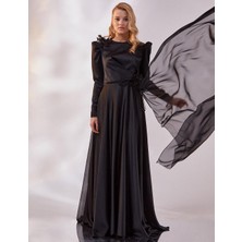 Şifon Pelerinli Uzun Saten Abiye-Siyah