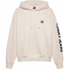 Erkek Cropped Fit Kapüşonlu Kol Baskılı Sweatshirt - Bej