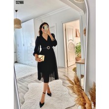 Astarlı Kruvaze Yaka Midi Boy Kloş Çan Model Beli Kuşaklı Tül Kol Şifon Elbise Abiye Nişan Elbisesi