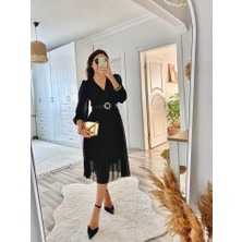 Astarlı Kruvaze Yaka Midi Boy Kloş Çan Model Beli Kemerli Tül Kol Şifon Elbise Abiye Nişan Elbisesi