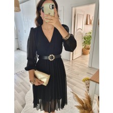 Astarlı Kruvaze Yaka Midi Boy Kloş Çan Model Beli Kemerli Tül Kol Şifon Elbise Abiye Nişan Elbisesi