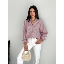 Yumuşak Dokulu Konfor Modeli Oversize Fiyonk Detaylı Asimetrik Kesim Pamuklu Boyfriend Bordo Gömlek