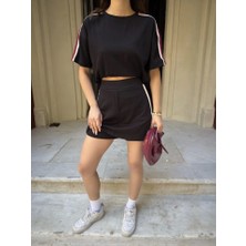 Osy Modal Yumuşak Dokulu Kumaş Parçalı Bisiklet Yaka T-Shirt Mini Şortlu Etek Ikili Takım - Siyah